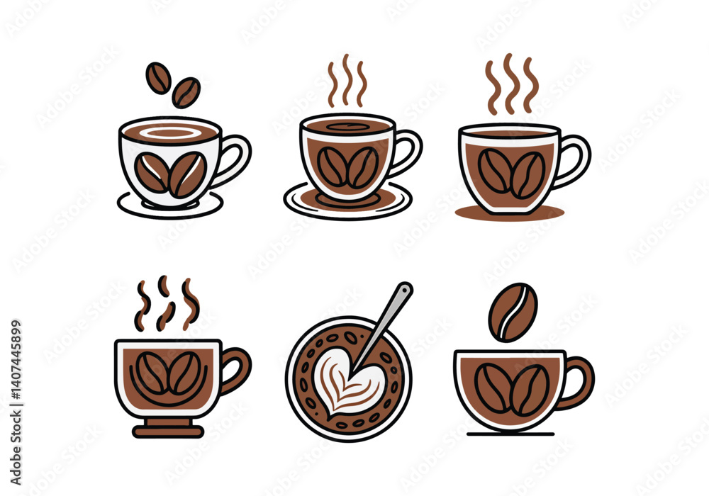 Obraz premium Set of coffee cup illustrations with coffee beans and steaming designs