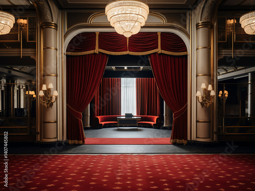 Elegant theater lobby with grand velvet curtains and guests arriving for the show