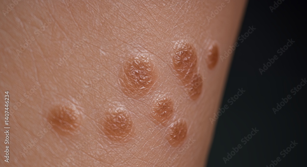 Fototapeta premium Detailed View of Solar Lentigines on Pale Skin: Close-up Medical Image Showing Brown, Raised Skin Lesions