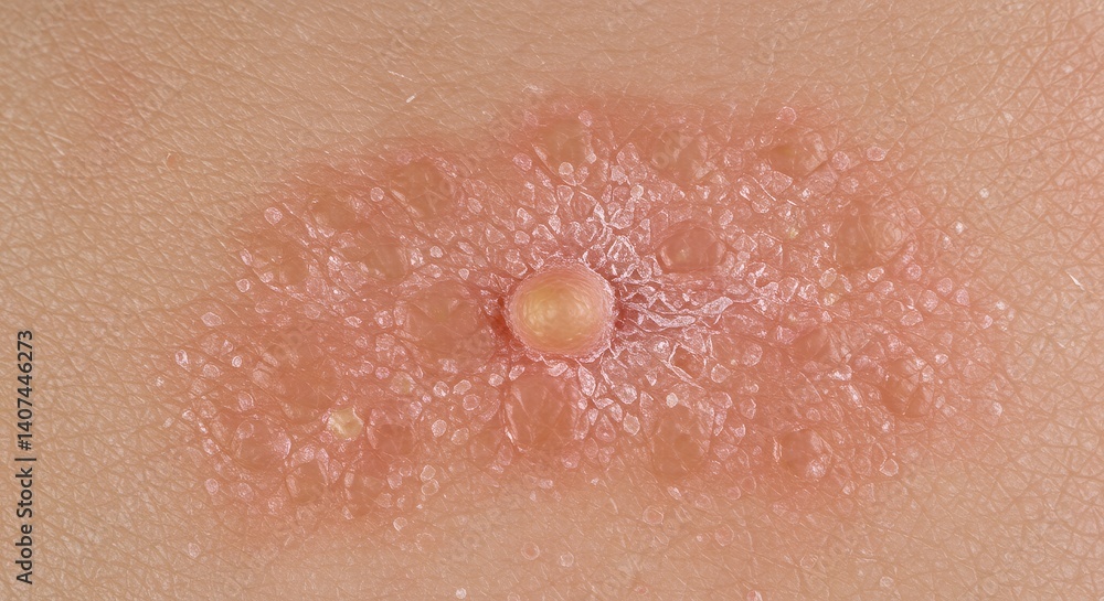 Fototapeta premium Detailed View of Plaque Psoriasis Lesion: Central Papule with Erythematous Scaling