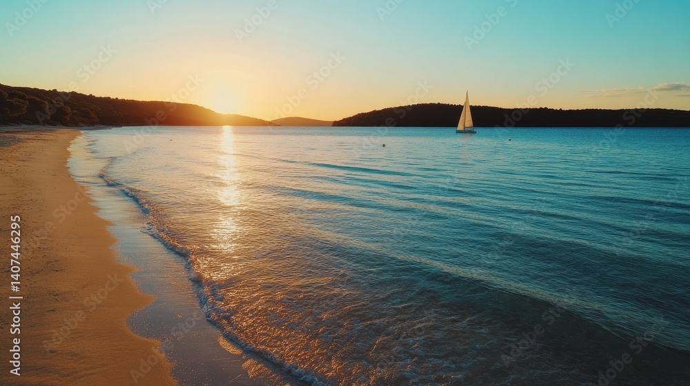 Obraz premium Tranquil Beach Sunset with Waves and Sailing Boats: Discover Nature's Scenic Coastal Beauty