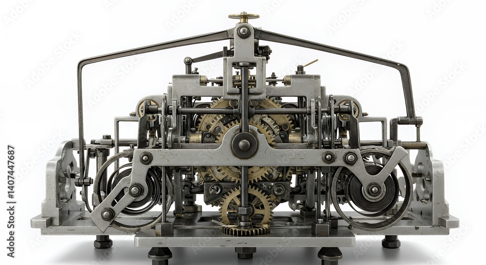 Intricate Antique Clock Mechanism Detail: Silver and Gold Gears on White Background Intricate Antique Clock Mechanism Detail: Silver and Gold Gears on White Background