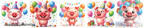 Funny collection of farm animal pictures pigs in cartoon style on white background