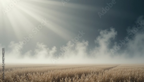 Dramatic sunrise over misty wheat field rural landscape serene environment wide viewpoint nature's beauty unveiled