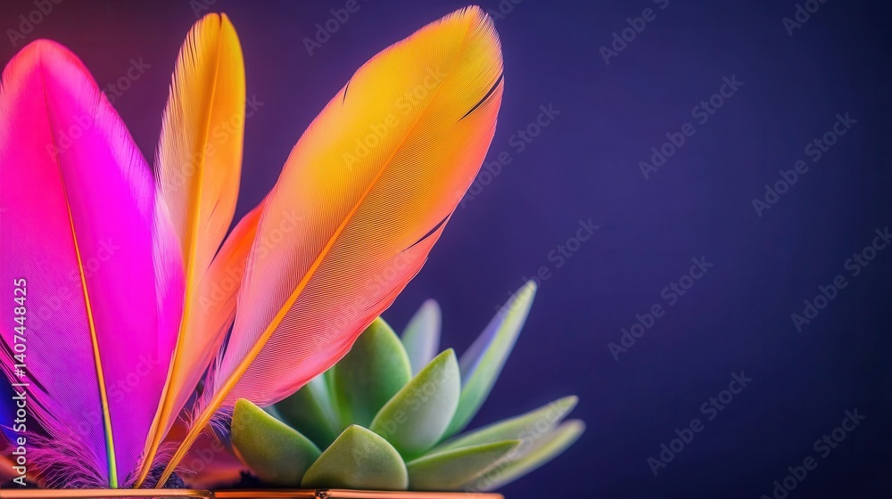 Fototapeta premium Vibrant colorful feathers alongside a succulent plant against a dark background, showcasing nature's beauty