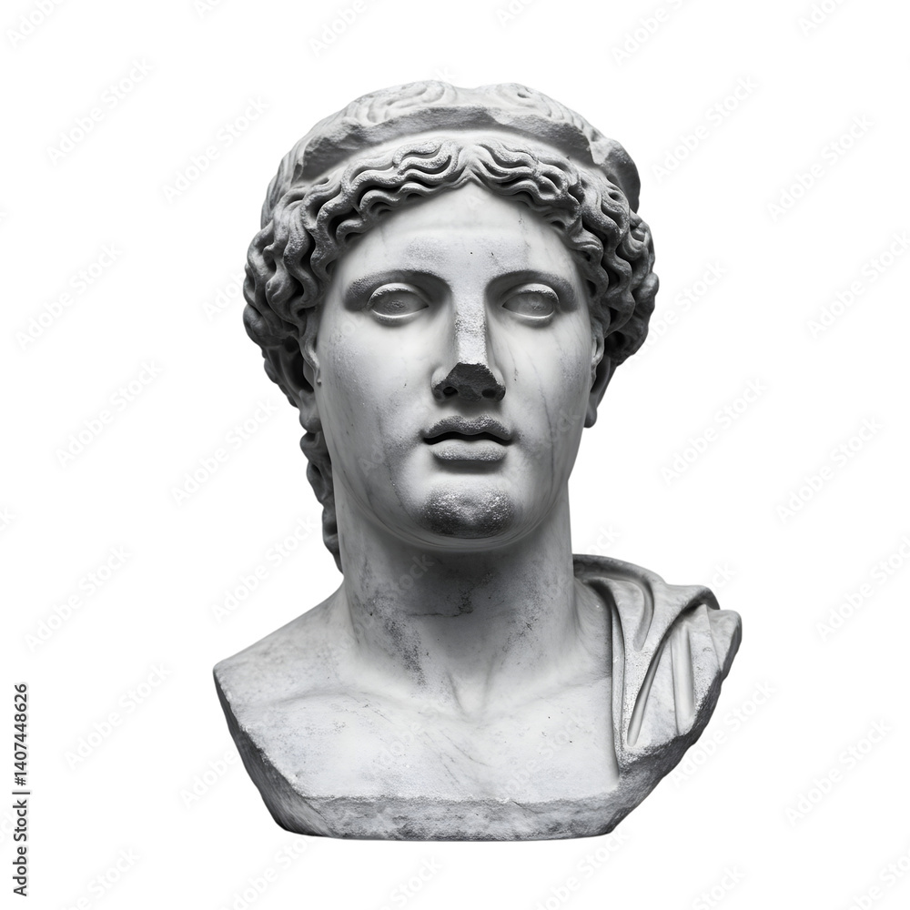 Majestic Carved Marble Greek Bust with Curly Hair Isolated on PNG Background. Majestic Carved Marble Greek Bust with Curly Hair Isolated on PNG Background.