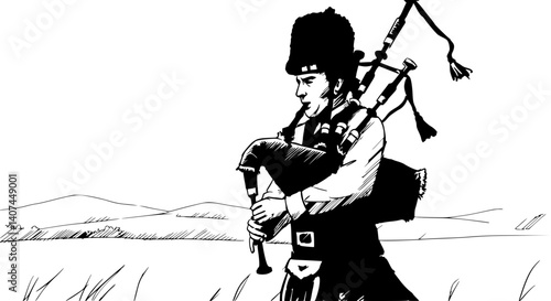 Bagpiper traditional playing bagpipes against landscape background