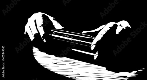 Hands gently holding harmonica representing blues music against dark background