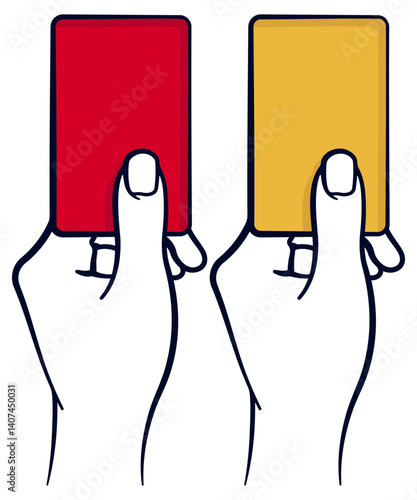 Illustration of hands holding red and yellow cards, stylized referee gesture in flat style on transparent background