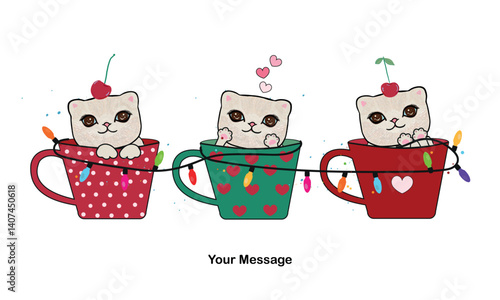 Cute kittens with coffee cups Merry Christmas design greeting card