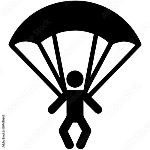Black silhouette of a parachutist descending with parachute  