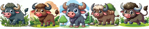 Collection of cartoon style buffalo farm animal images on white background