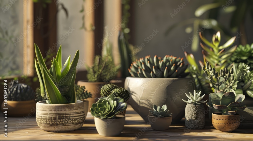 Obraz premium Collection of small succulents and cacti in decorative pots on sunny windowsill