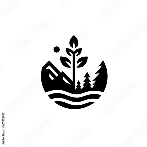 Minimalist Nature Logo: Mountain, Trees, Plant, and Water Circle
