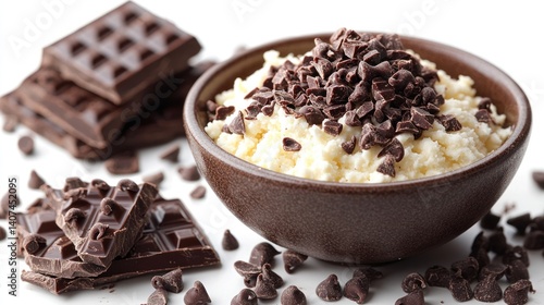 Cottage cheese with chocolate chips in bowl on white background