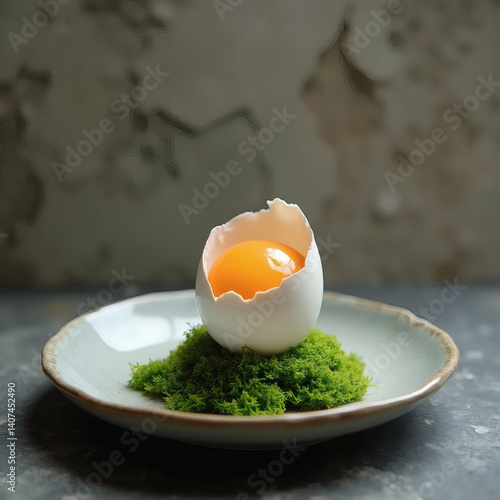 a ready-made dish on Easter day, an egg on moss in a plate, aesthetics