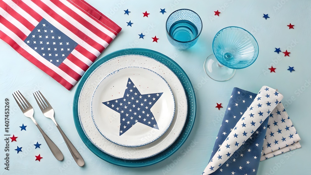 Fototapeta premium Patriotic table setting for july fourth celebration with american flag and star decor
