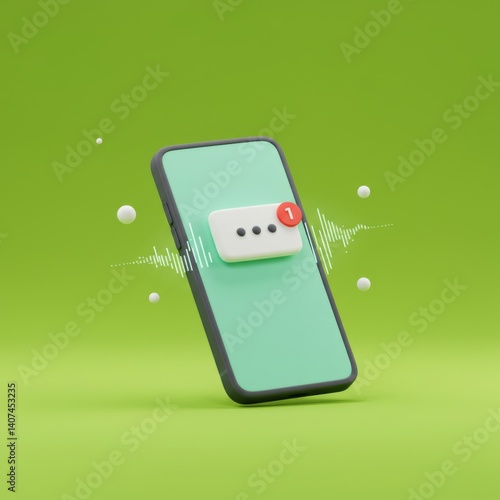 Smartphone notification with sound waves on green background for communication concept