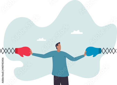 Conflict management, leadership skill to compromise and solving argument problem, negotiation or stop fighting .character for design.