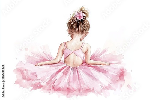 Watercolor painting of a ballerina girl in a pink tutu from the back with a flower in her hair