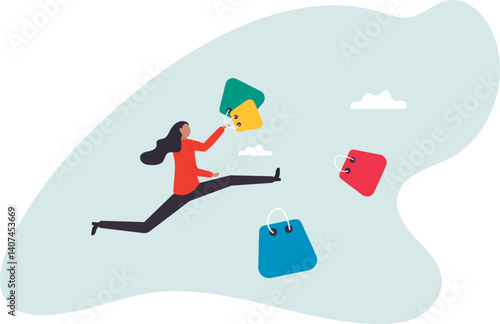 Shopping at retail store, happiness and joyful of buying discount stuff, shopaholic or fashionable.character for design.