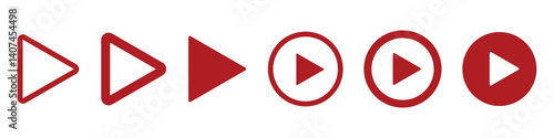 Red flat line play button icon set collection. Vector Illustration