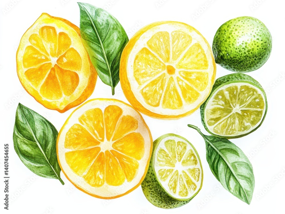 Obraz premium Fresh citrus fruits with yellow lemons and green limes, vibrant leaves against a clean white background, perfect for food or healthy lifestyle imagery