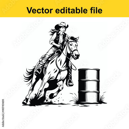 vector Western cowgirl riding horse in the barrel racing competition 