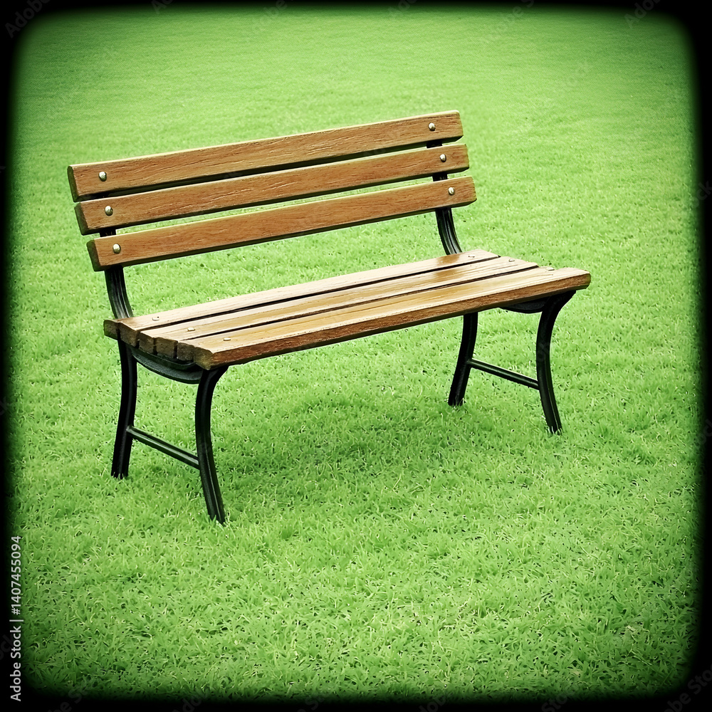 Wooden park bench on green grass, peaceful setting, relaxation, solitude Wooden park bench on green grass, peaceful setting, relaxation, solitude