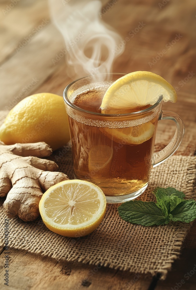 Fresh Ginger Tea with Lemon Slice and Mint on Wooden Table Surrounded by Citrus Fruit and Ginger Root, Warm Beverage for Relaxation and Comfort