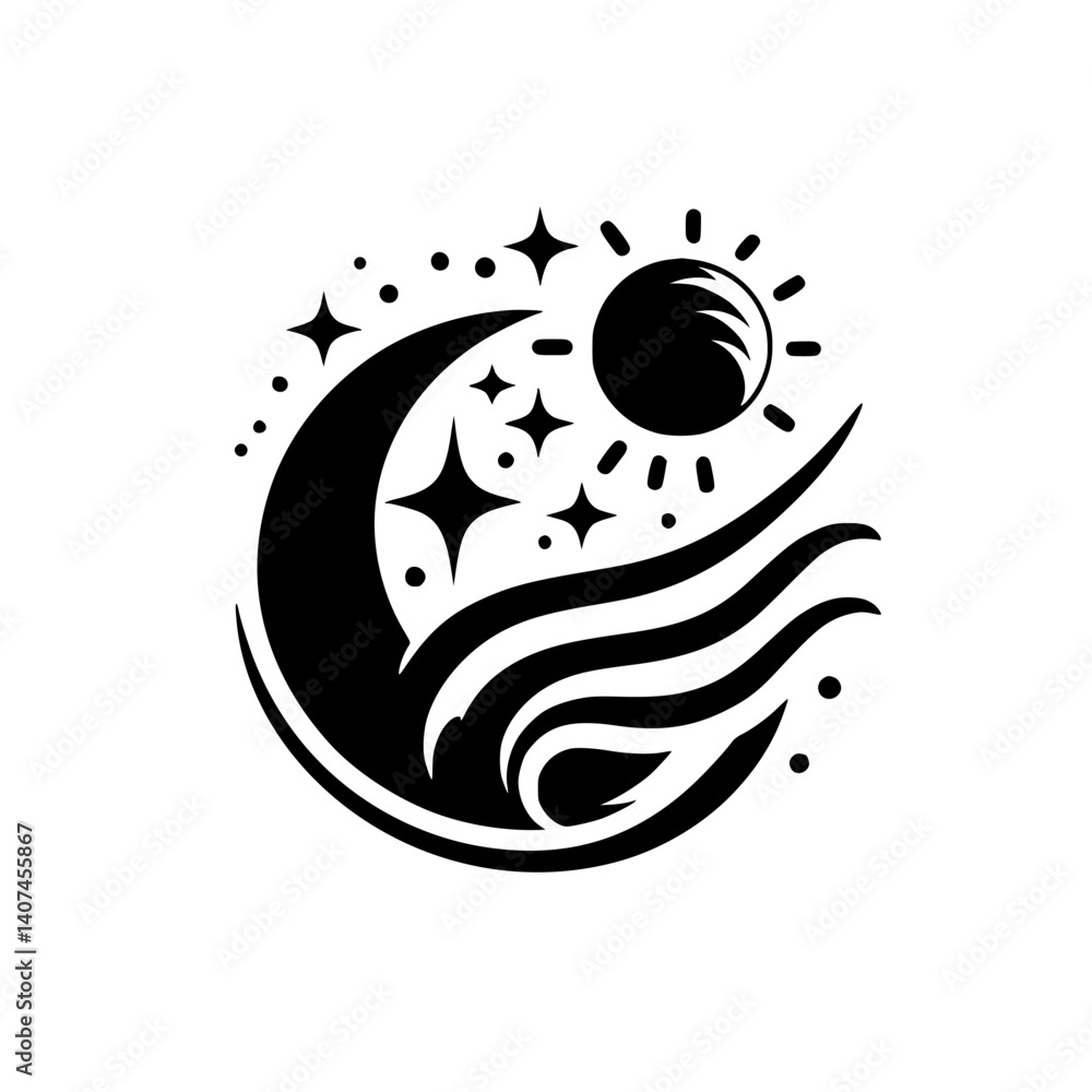 Celestial Harmony: Sun, Moon, Stars, and Waves Minimalist Vector Design Celestial Harmony: Sun, Moon, Stars, and Waves Minimalist Vector Design