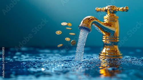 Coins under running tap water, symbolizing financial liquidity or cash flow concept