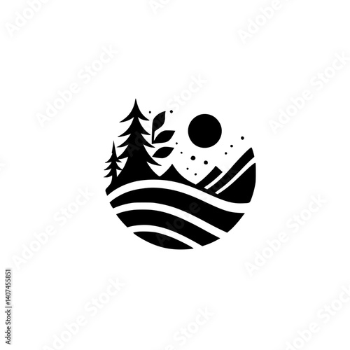 Minimalist Landscape Circle Logo - Nature, Forest, Sun, Vector Illustration