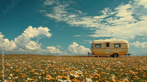 Vintage Trailer in a Flower Field under Cloudy Blue Sky