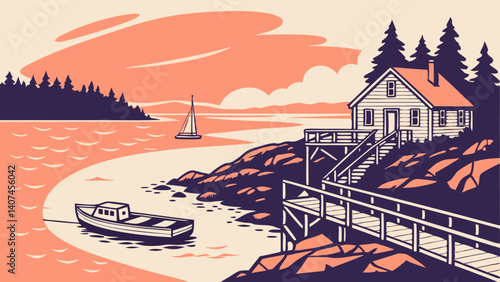 Flat vector of a fisherman’s dock at sunrise – Maine, USA
