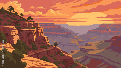Sunset at Grand Canyon with canyon layers in vibrant hues – Arizona, USA
