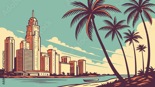 Retro vector of the Miami skyline with palm trees – Florida, USA
