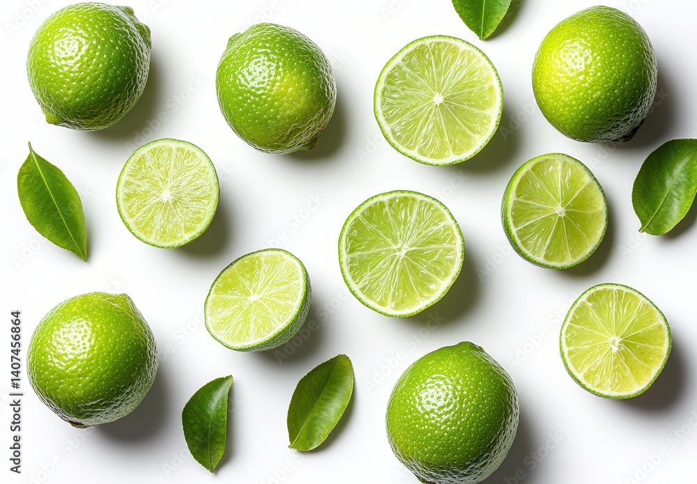 Fresh Green Limes and Lime Slices Displayed with Green Leaves on a Bright Background for Culinary and Food Photography Use Fresh Green Limes and Lime Slices Displayed with Green Leaves on a Bright Background for Culinary and Food Photography Use
