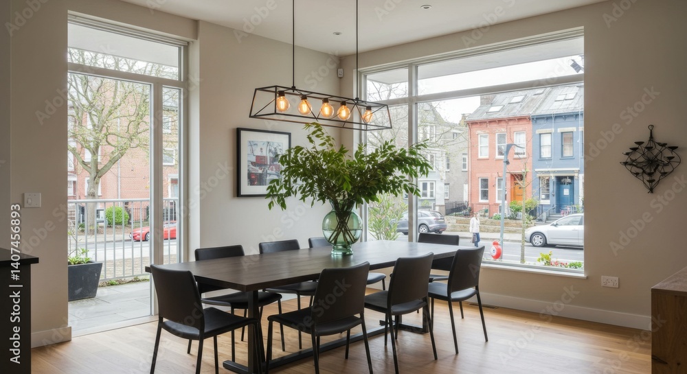 Modern dining room interior with large windows and contemporary design elements Modern dining room interior with large windows and contemporary design elements