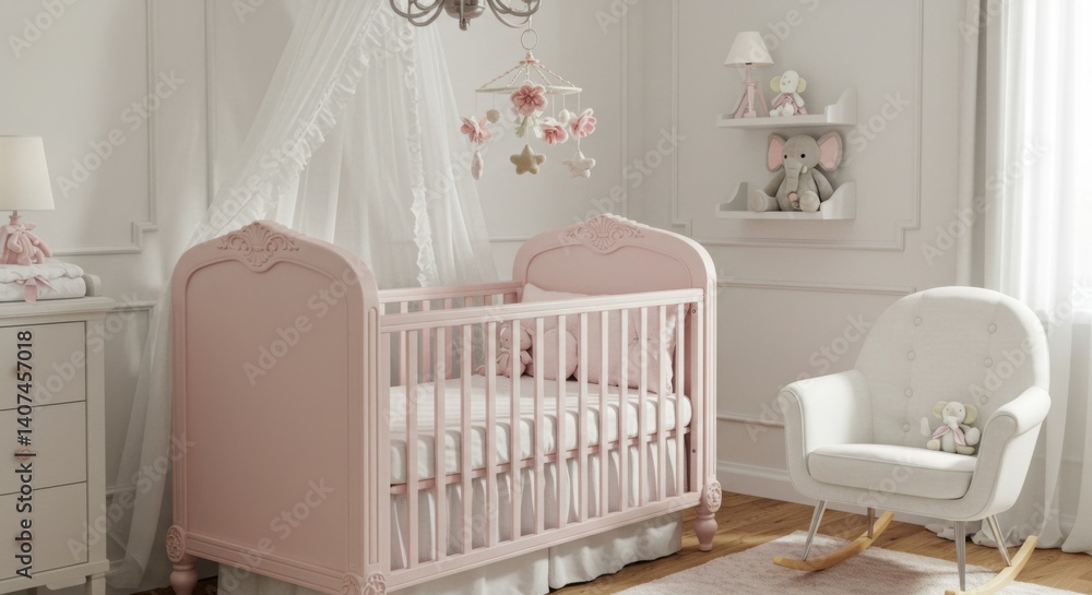 Charming nursery room with pink crib and elegant décor for baby girl Charming nursery room with pink crib and elegant décor for baby girl
