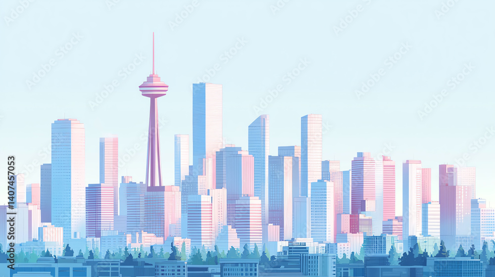 Obraz premium Pastel Cityscape Soft Hues and Modern Architecture Illustration