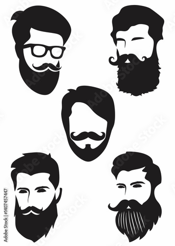Handsome face man beard man emblems icons. Set of vector bearded hipster men faces. Haircuts, beards, mustaches set vector illustration