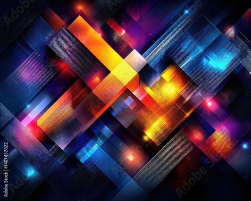 A vibrant, abstract composition of overlapping geometric shapes illuminated by colorful lights, creating a dynamic and energetic visual experience.