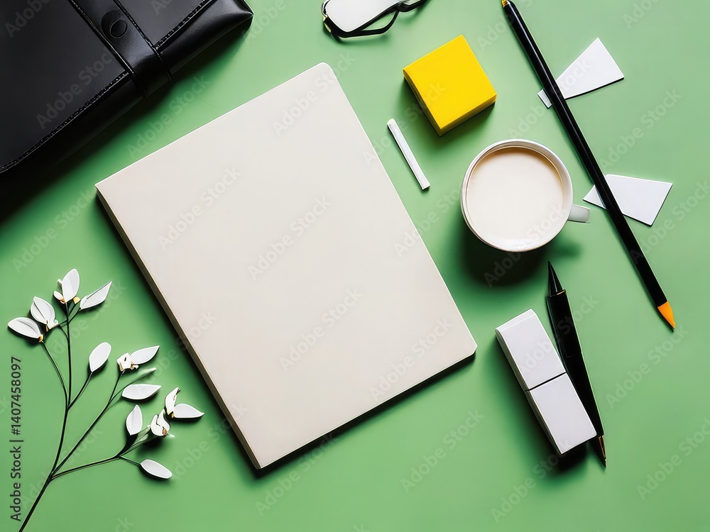 abstract colorful background, office desk with notebook and pen, notebook and pen
