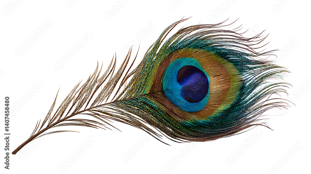 Fototapeta premium Peacock feather with vibrant colors and fine detail isolated on transparent background, hd realistic 8k, --ar 16:9 --v 7.0