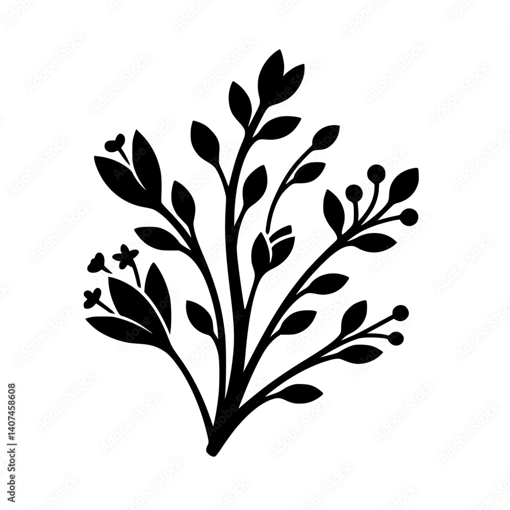 Naklejka premium Minimalist Floral Illustration: Black Leaves & Berries on White