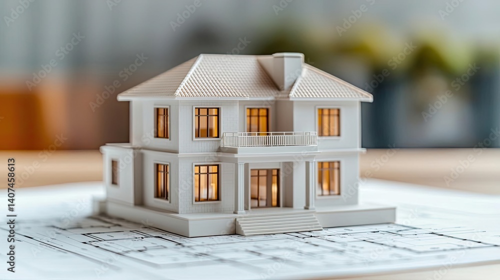 Building house on blueprint in a dwelling and architecture concept. Detailed model of a house with illuminated windows and blueprints. Building house on blueprint in a dwelling and architecture concept. Detailed model of a house with illuminated windows and blueprints.