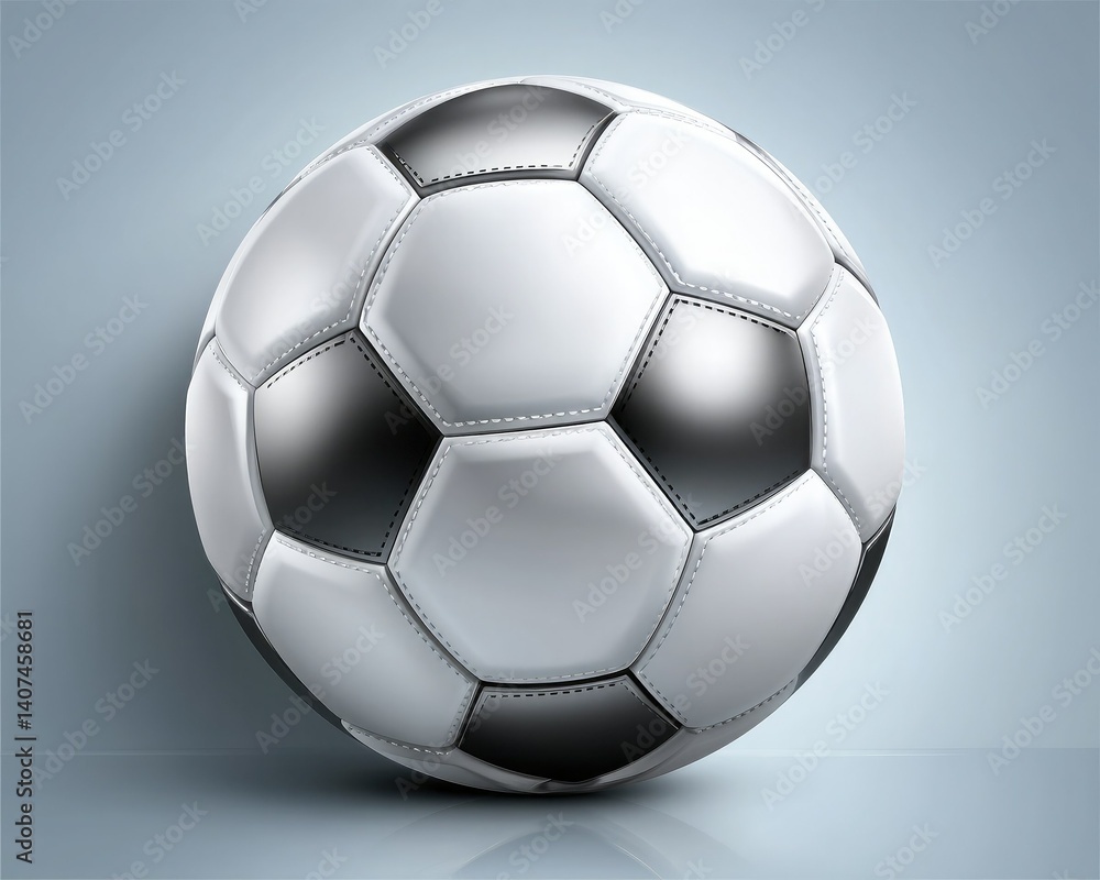 Fototapeta premium A realistic soccer ball with a classic black and white design, resting on a reflective surface against a soft blue background.