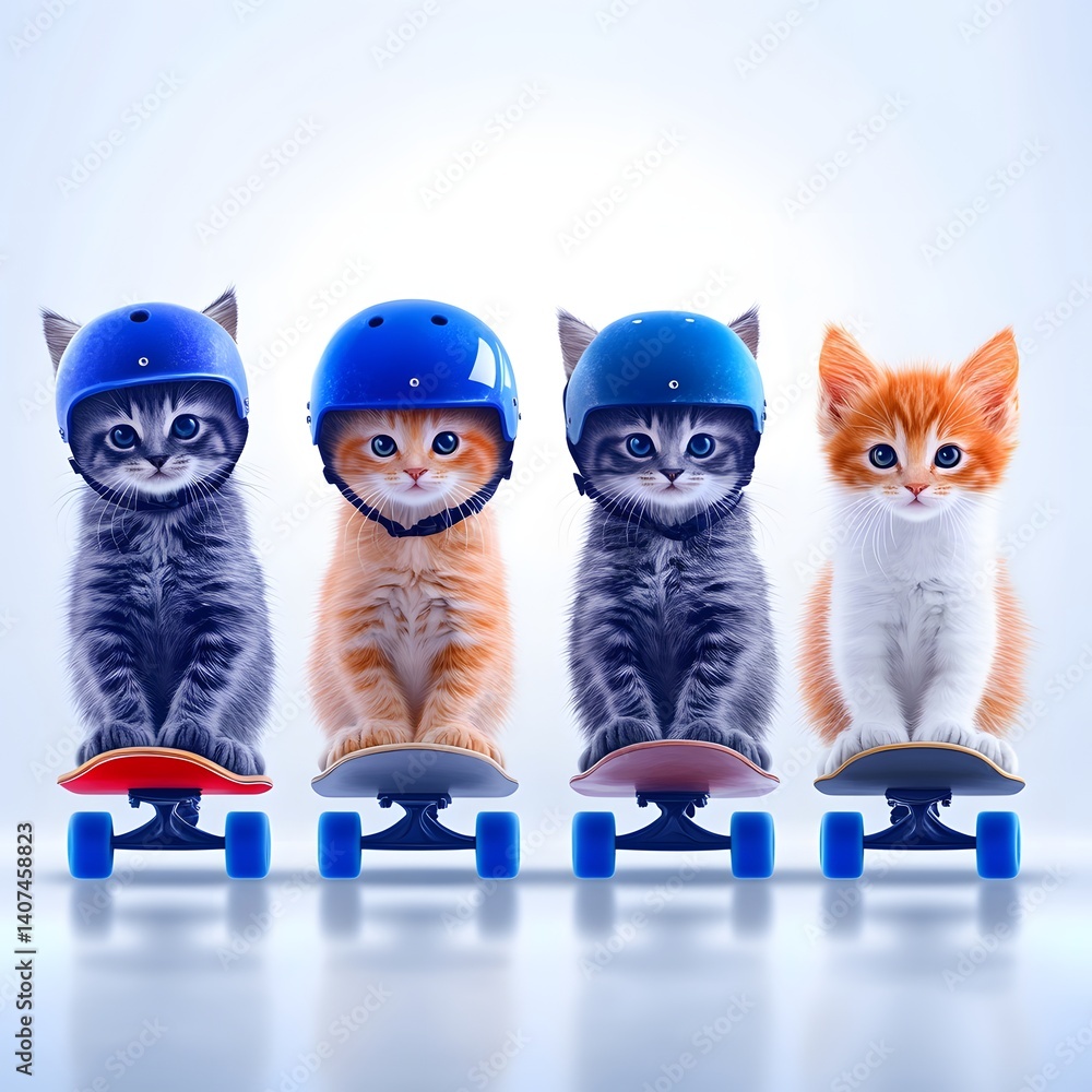 Four Adorable Kittens Wearing Blue Helmets and Riding Skateboards in a Playful Arrangement