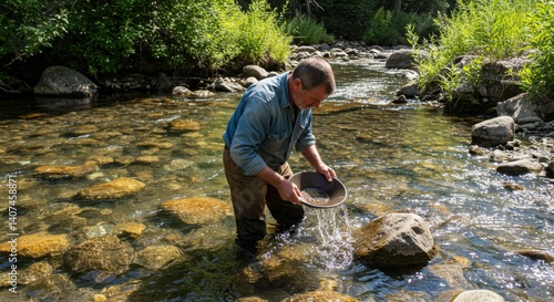 Man panning for gold in rocky stream amidst lush greenery